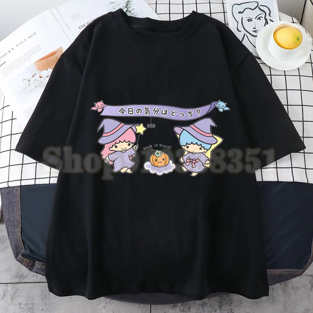 Women T-shirt Casual Ladies Basic O-collar Cartoon Halloween Little Twin Stars Print Harajuku Sleeved Women T-shirt Drop Ship