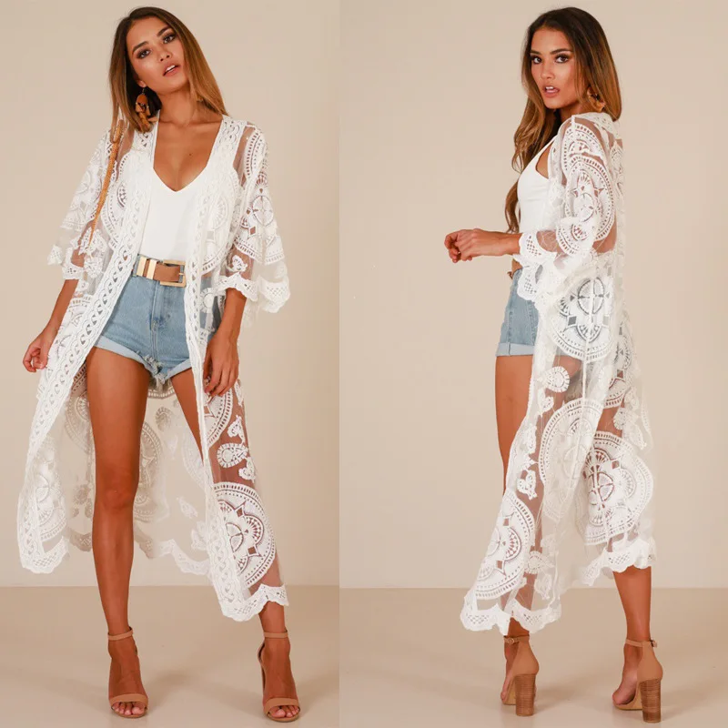 

Kimono Woman 2024 Lace Sheer Bikini Cover-ups Loose Cardigan Long Beach Dress Summer Swimwear Cover Up Casual Bohemian