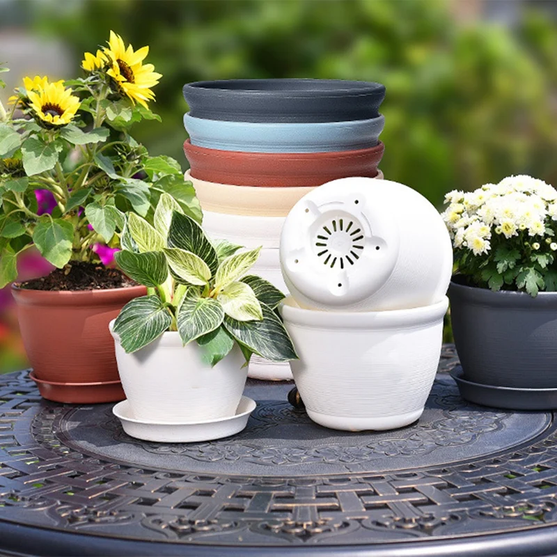 

Thickened Resin Flowerpot With Tray Plastic Round Gardening Supplies Succulents Planter