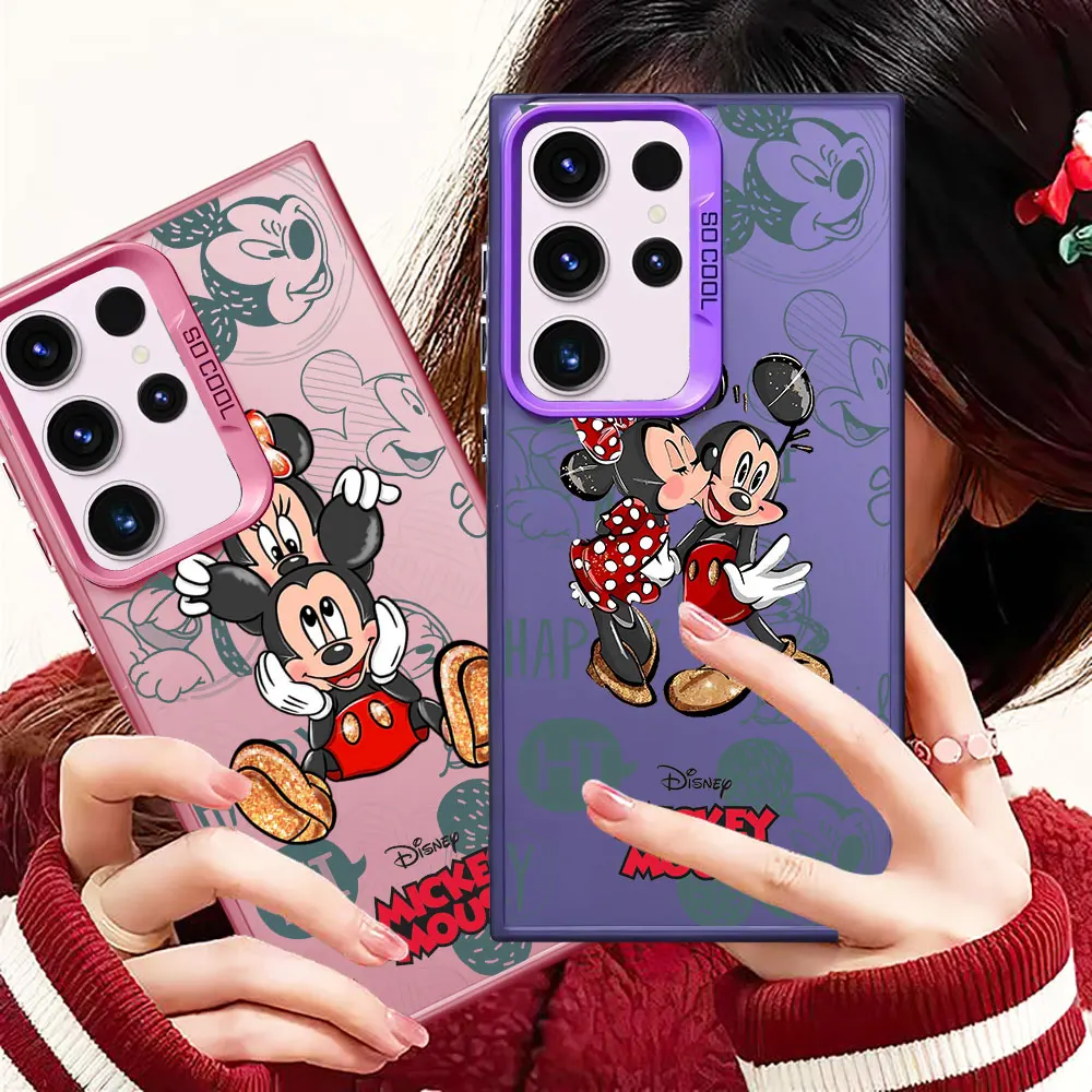 Case For Samsung Galaxy S24 Ultra S20 FE S23 Plus S21 Note 20 A73 A50 A50s Colorful Silver Back Phone Cover Funny Mickey Minnie