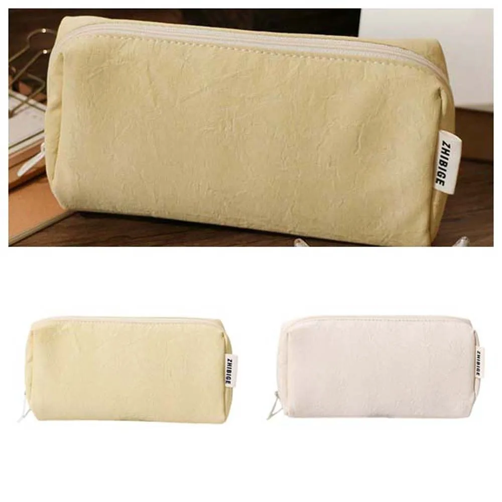 Bolsa de papelería de cuero para almacenamiento de escritorio, bolsa de lápices grande de estilo coreano, color crema, blanco y amarillo, estética, de gran capacidad