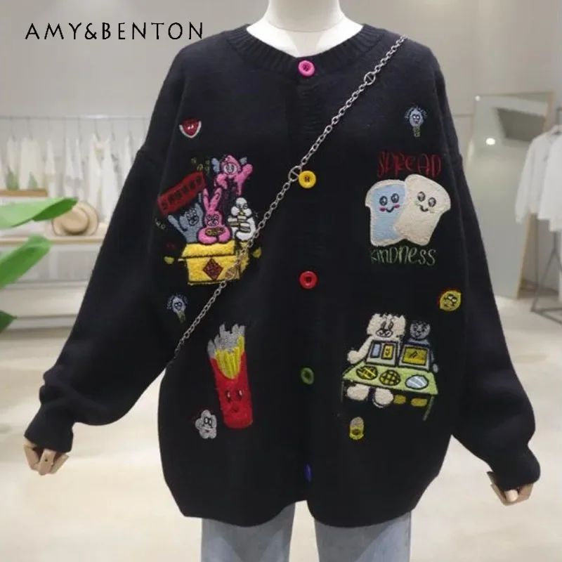 Age Reduction Exquisite Cartoon Embroidery Knitwear Autumn Winter Loose And Thin Thickened Warm Crew Neck Sweater Jacket Women