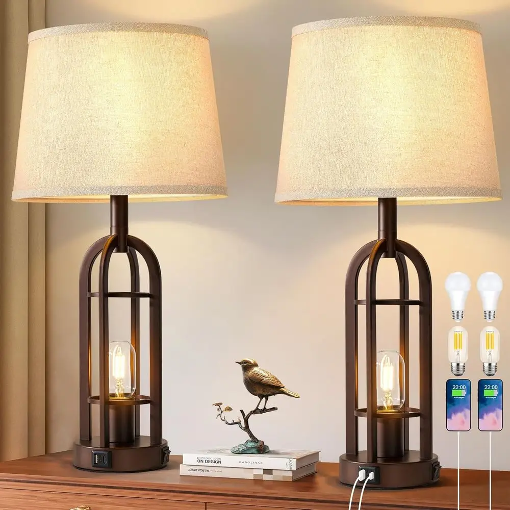 

Industrial Style Living Room End Table Set with 2 Bedside Lamps, Nightlight, USB Ports, and 4 Bulbs