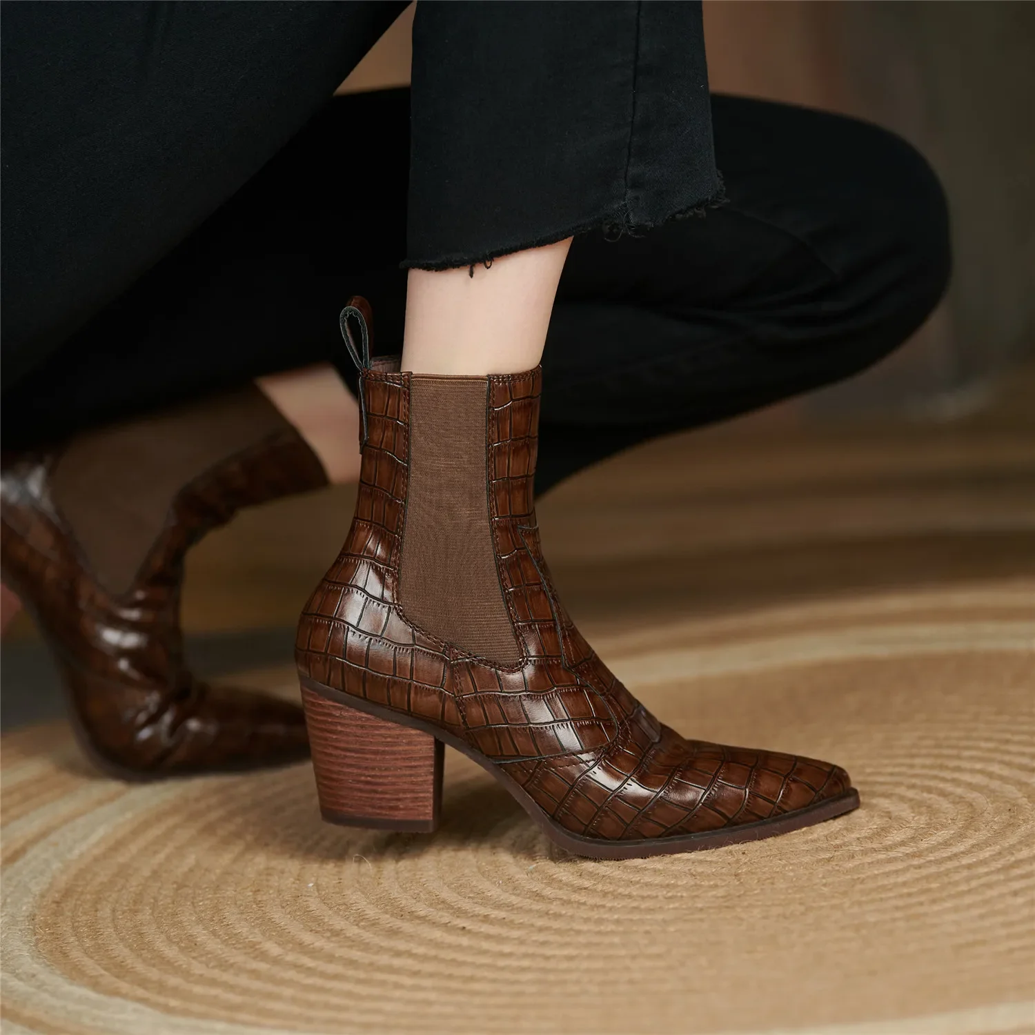 Cowboy Ankle Boots for Women Luxury Cow Split Genuine Leather Block High Heel Elastic Band Short Booties Goth Brown Black Shoes