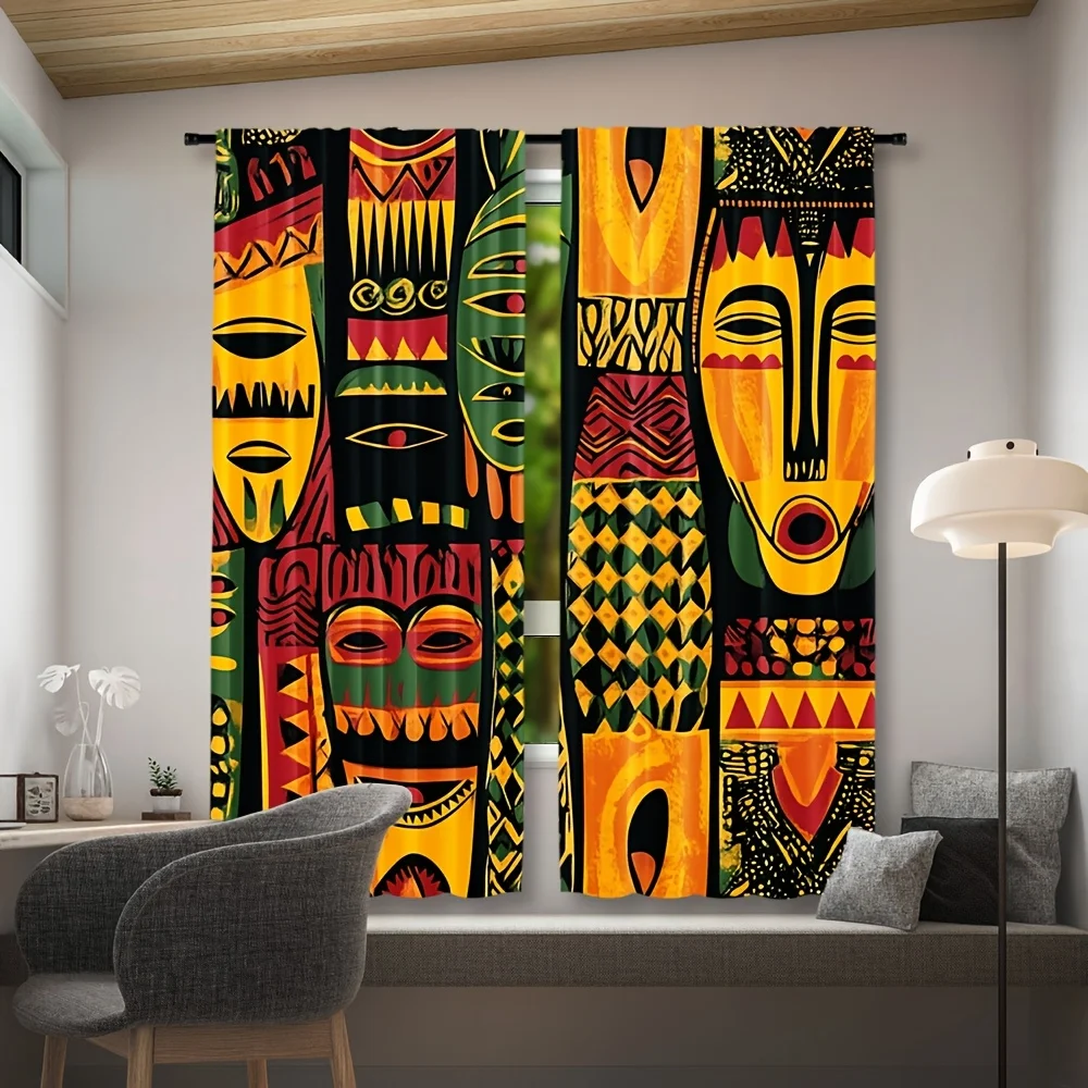 2pcs, African Tribal Mask Curtains Blackout Drapes for Living Room Boho Home Decor Colorful Ethnic Art Print Window Treatment