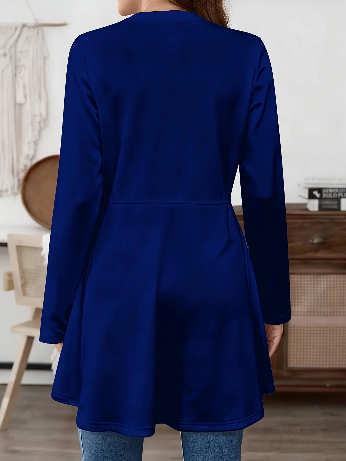 Plus Size Women Open Front Cardigan, Long Sleeve Solid Color Mid-Length Coat, Loose Casual Fall Winter Outerwear Tops view 3
