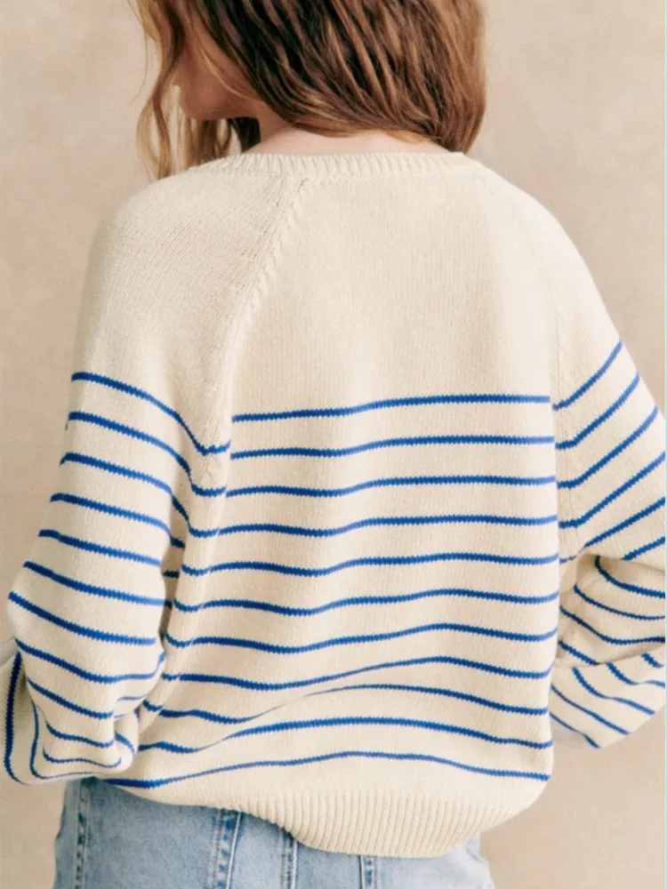 Classic Stripes Women\'s Sweater Single Breasted Long Puff Sleeve 2024 Early Autumn Ladies O-Neck Pullover Top