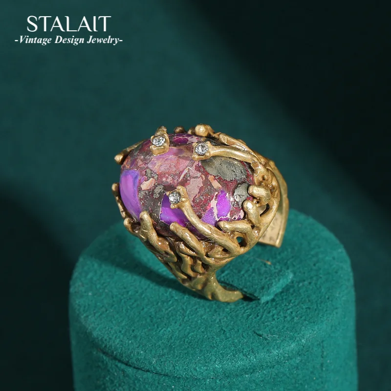 

Vintage Jewelry Accessories Purple Stone Rings Natural Adjustable Gold Color Plant Branch Antique High Quality Engagement 2025