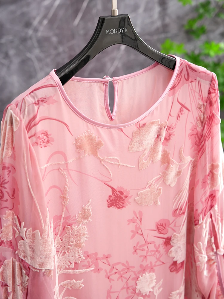 

New Chinese Sle National Trend Silk Velvet 3D Relief Embroidery Pink Lantern mid Sve irt Silk Top Women's Fas...