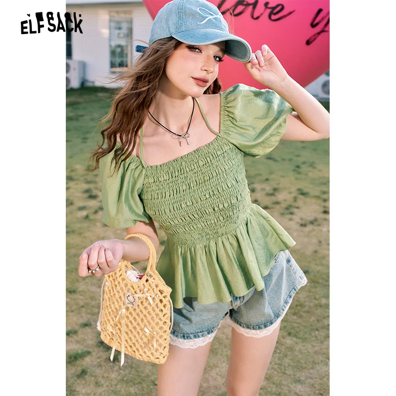 

ELFSACK 2024 Summer New Arrivals Puff Sleeve Square Neck Halter Sweet Lazy Chiffon Shirt for Women