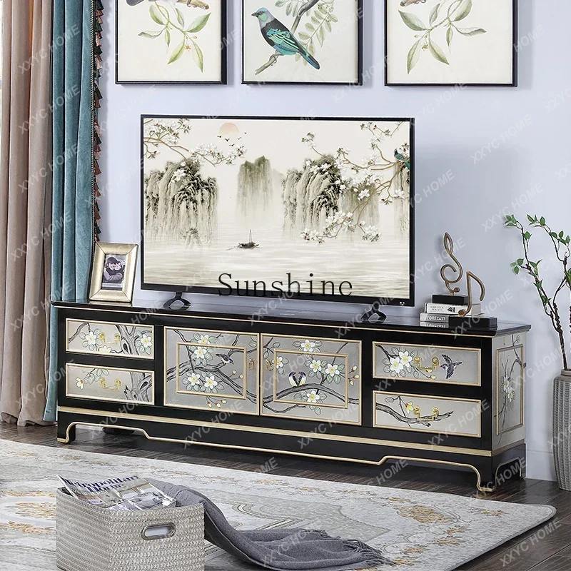 HHSmall apartment living room solid wood paint furniture painted begonia flower and bird coffee table TV cabinet combination