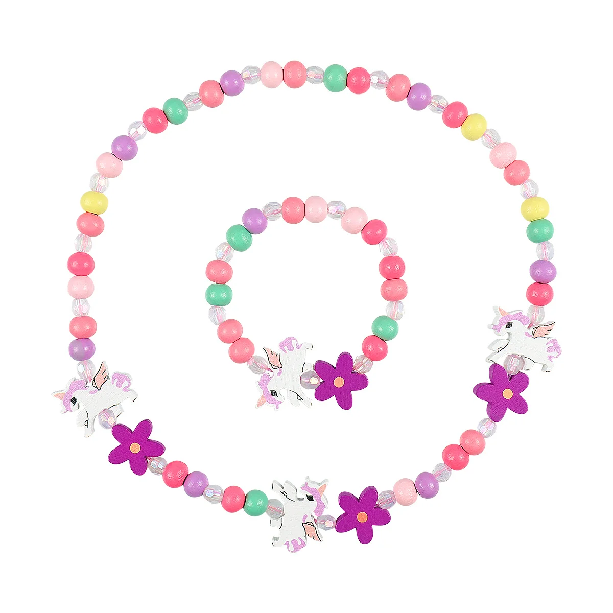 Set di braccialetti con collana di perline di legno per bambini, regalo di gioielli con unicorno colorato, accessorio da viaggio per feste di compleanno per ragazze