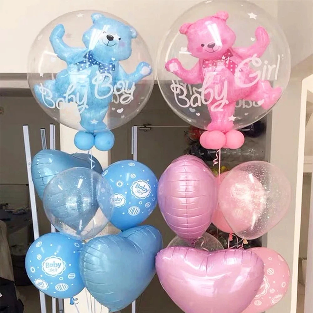 Transparente Bear Bubble Ball para Baby Shower, balão de hélio 4D, decoração de gênero, menino e menina, 1st Birthday Party, azul e rosa