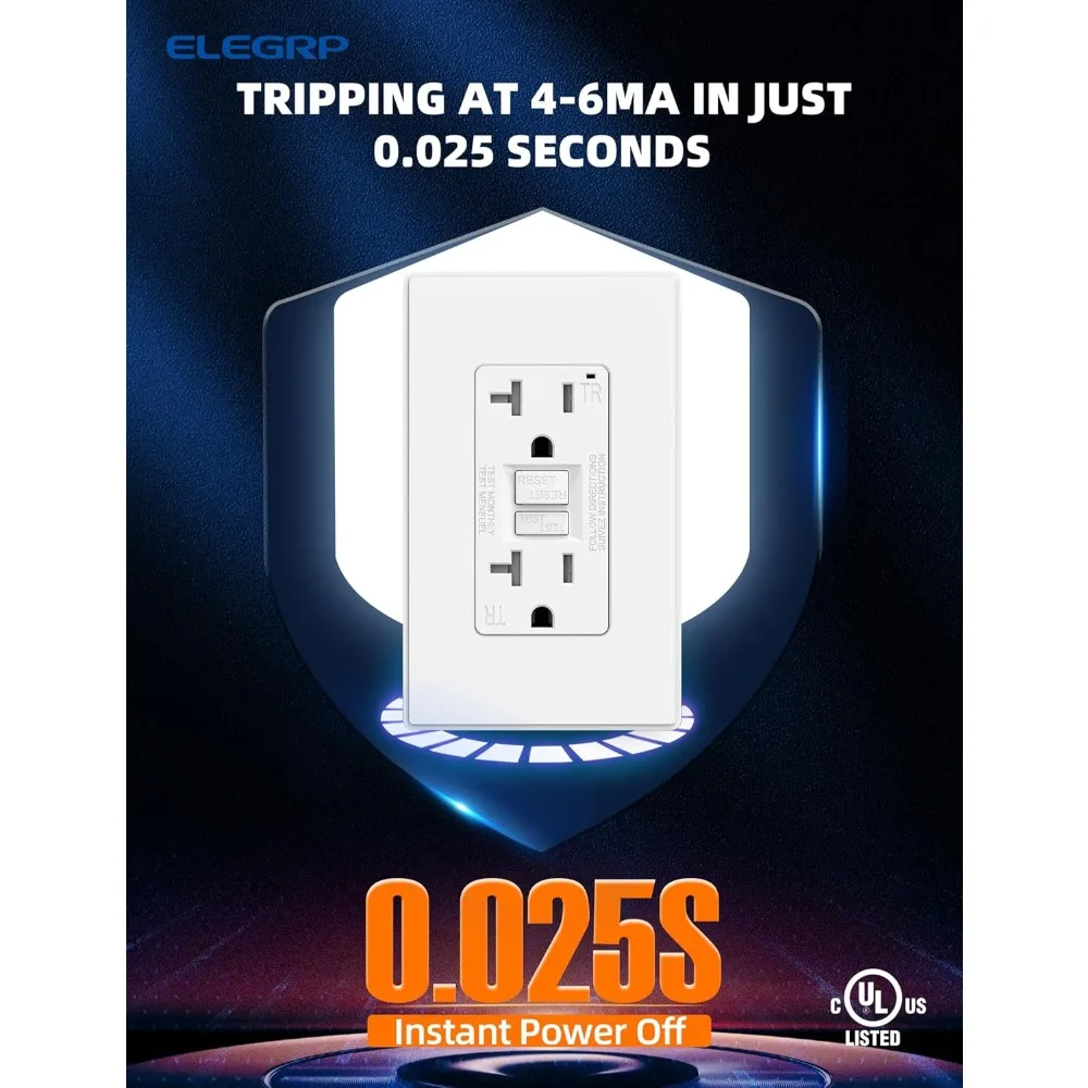 Outlet 20 Amp, Self-Test GFI Electrical Outlet with Thinner Design,Tamper Resistant Receptacle,Ground Fault Circuit Interrupters