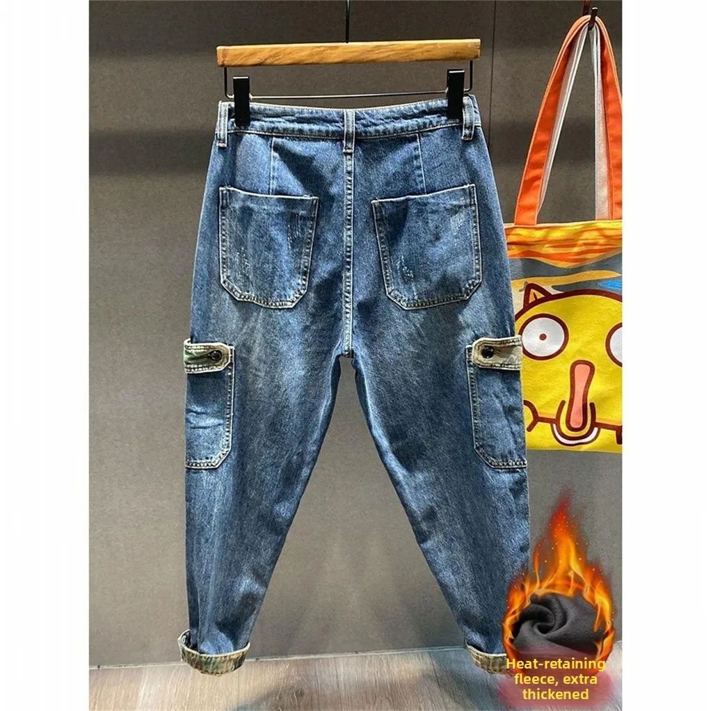 

Retro American Dad Winter Deep Blue Fleece Lined Workwear Jeans Men Trendy Loose Straight Leg Casual Youth Popular Style