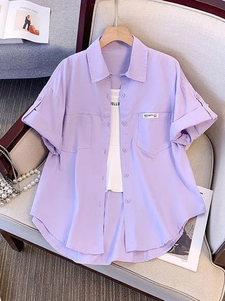 

Женская летняя повседневная свободная рубашка-накидка с коротким рукавом, в стиле пэчворк, дышащая, в корейском стиле, с пуговицами, для похудения.