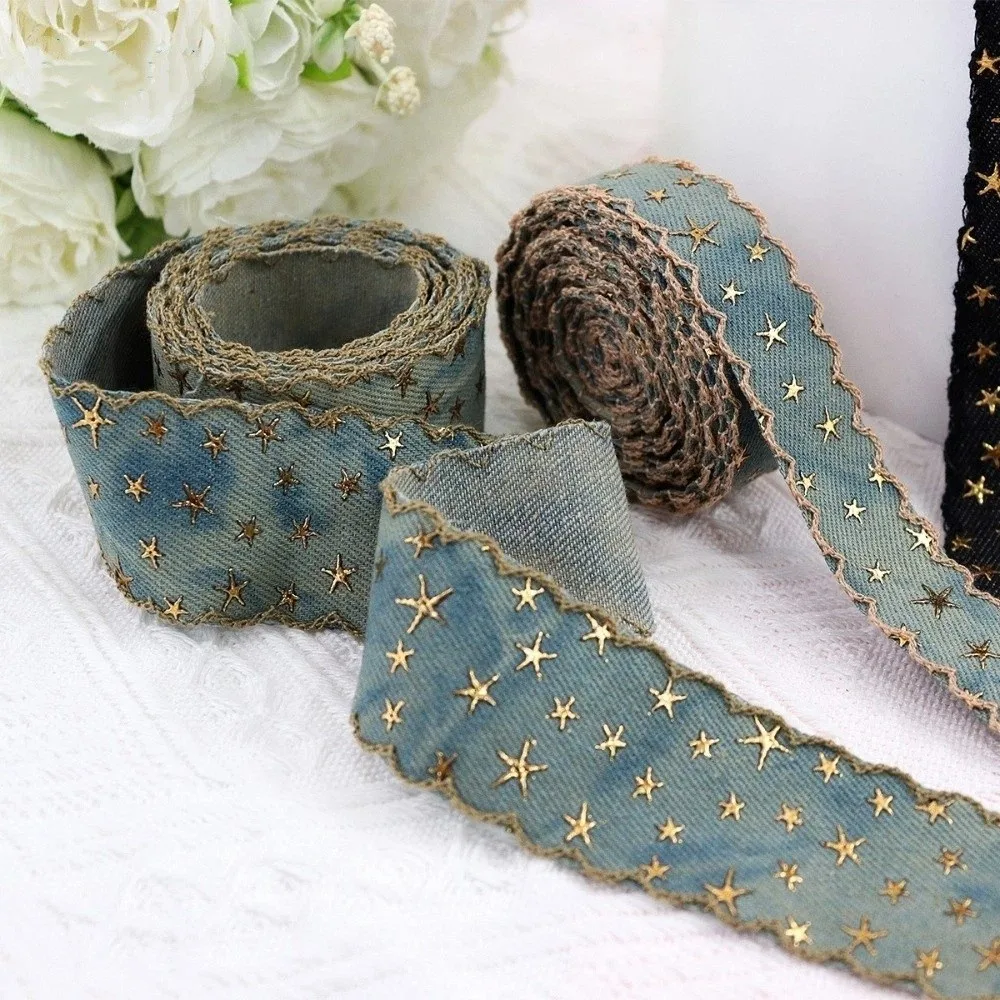 1 yard 38MM Width Denim Cloth Ribbon Gold Star Stamped Pattern Stamped Ribbon DIY Denim Clothing Sewing Supplies