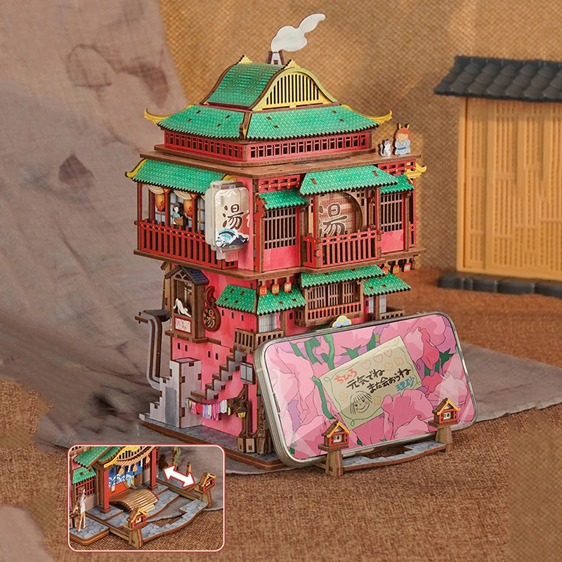 DIY 3D Houten Puzzel Japanse Hot Spring Huis Opbergdoos Cottage Miniatuur Model Kits Inductieve Casa Legpuzzels Geschenken