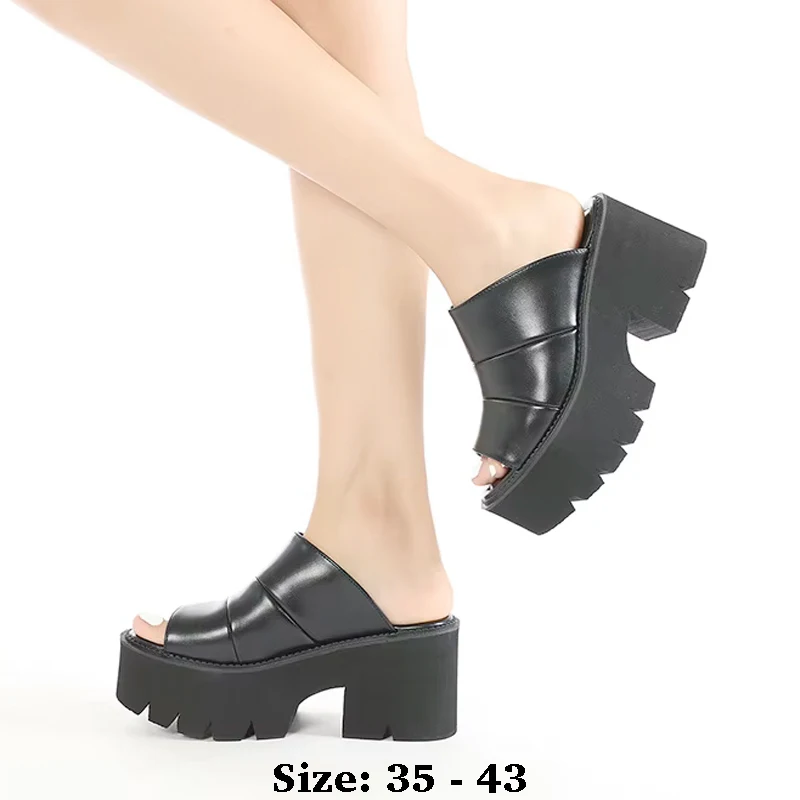 

High quality summer thick soles leather sandals for women 8.5cm high heel new 2025 35 43 open toe fashion elegant slipper black