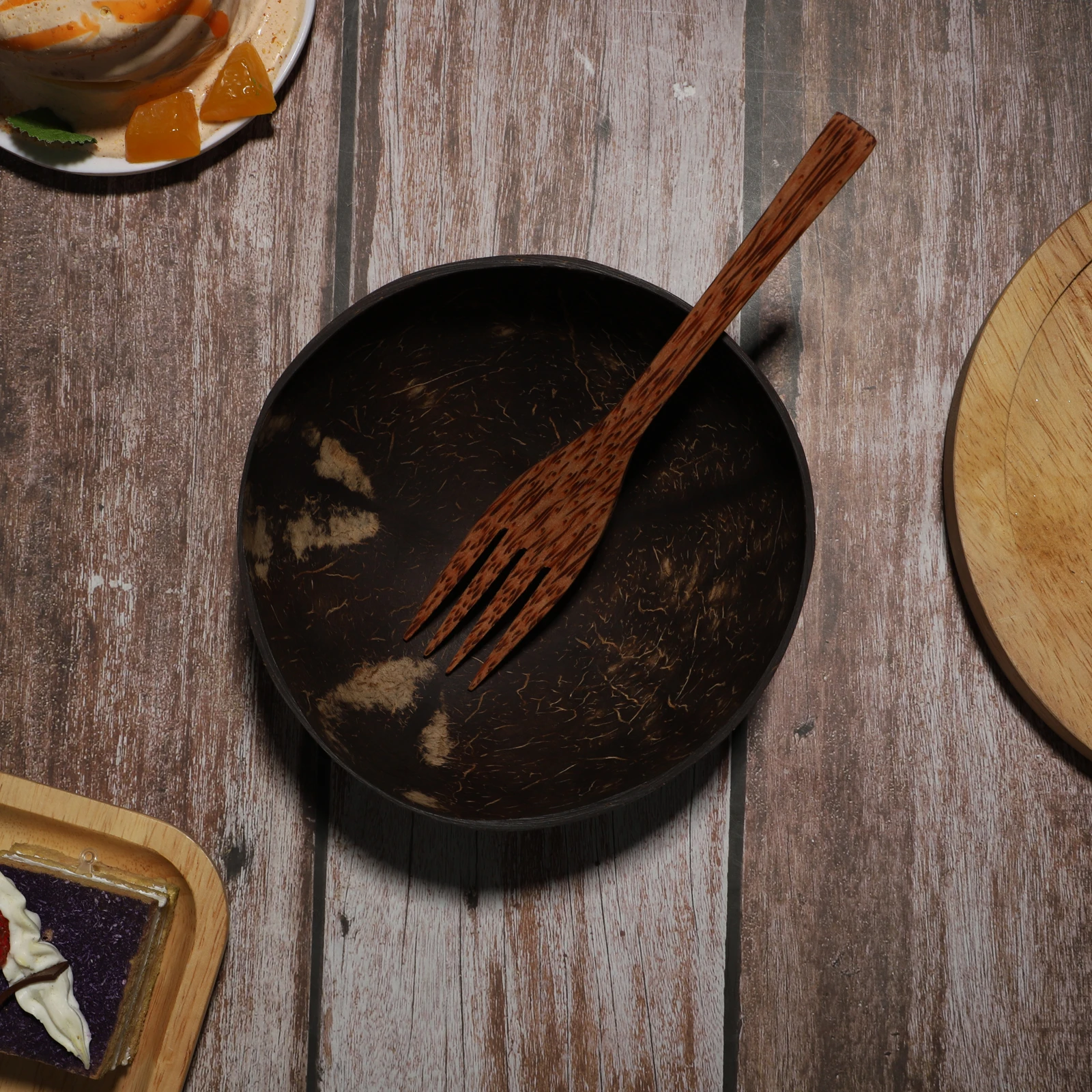 

Coconut Shell Bowl Natural Wood Salad Dessert Food Serving Summer Camping Storage Fork Kitchen Bar Eco Friendly Durability