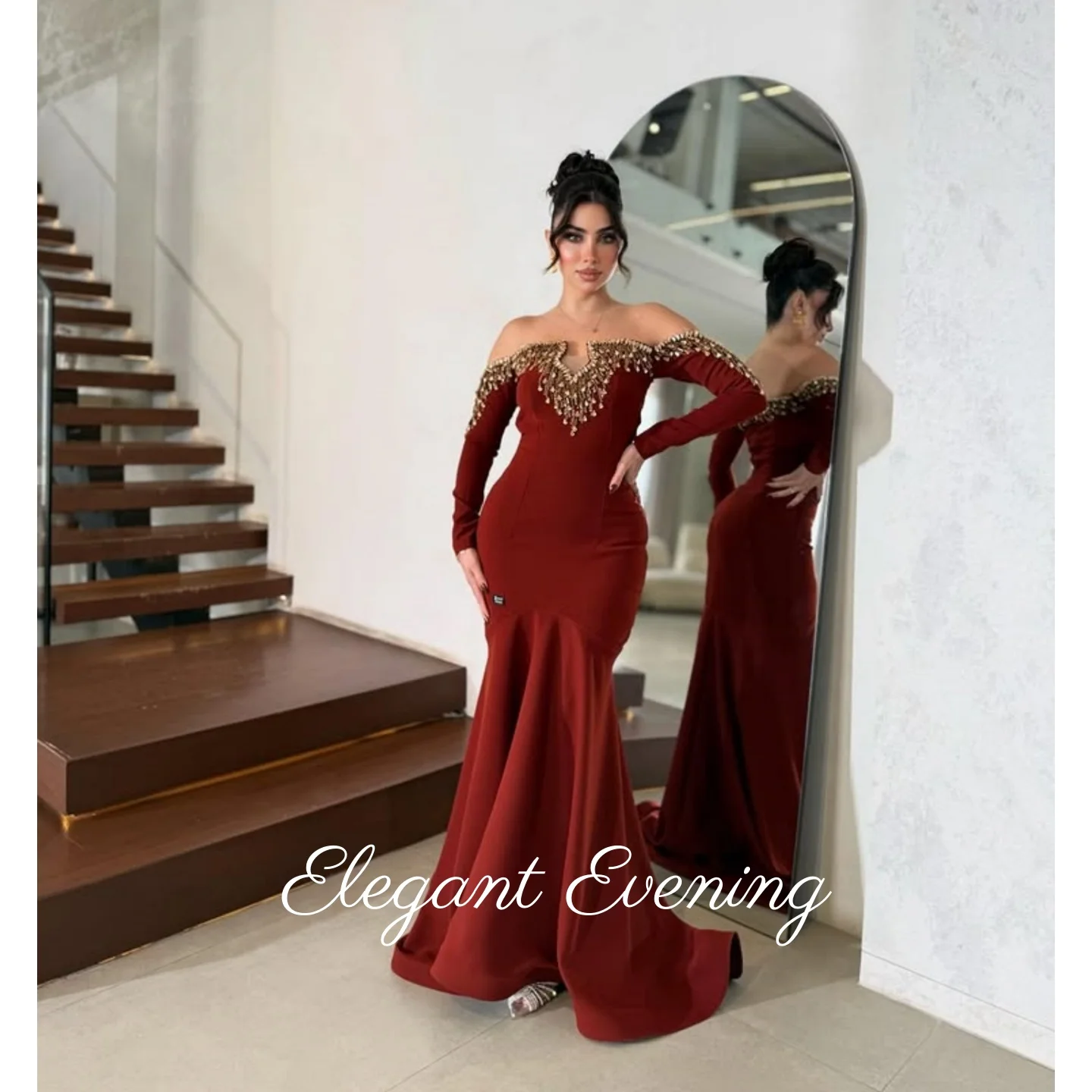 

Saudi Arabia Crystal Evening Gown Customized Prom Dress Red Mermaid Long Sleeves Wedding Guest Dress Party Dress Sharon