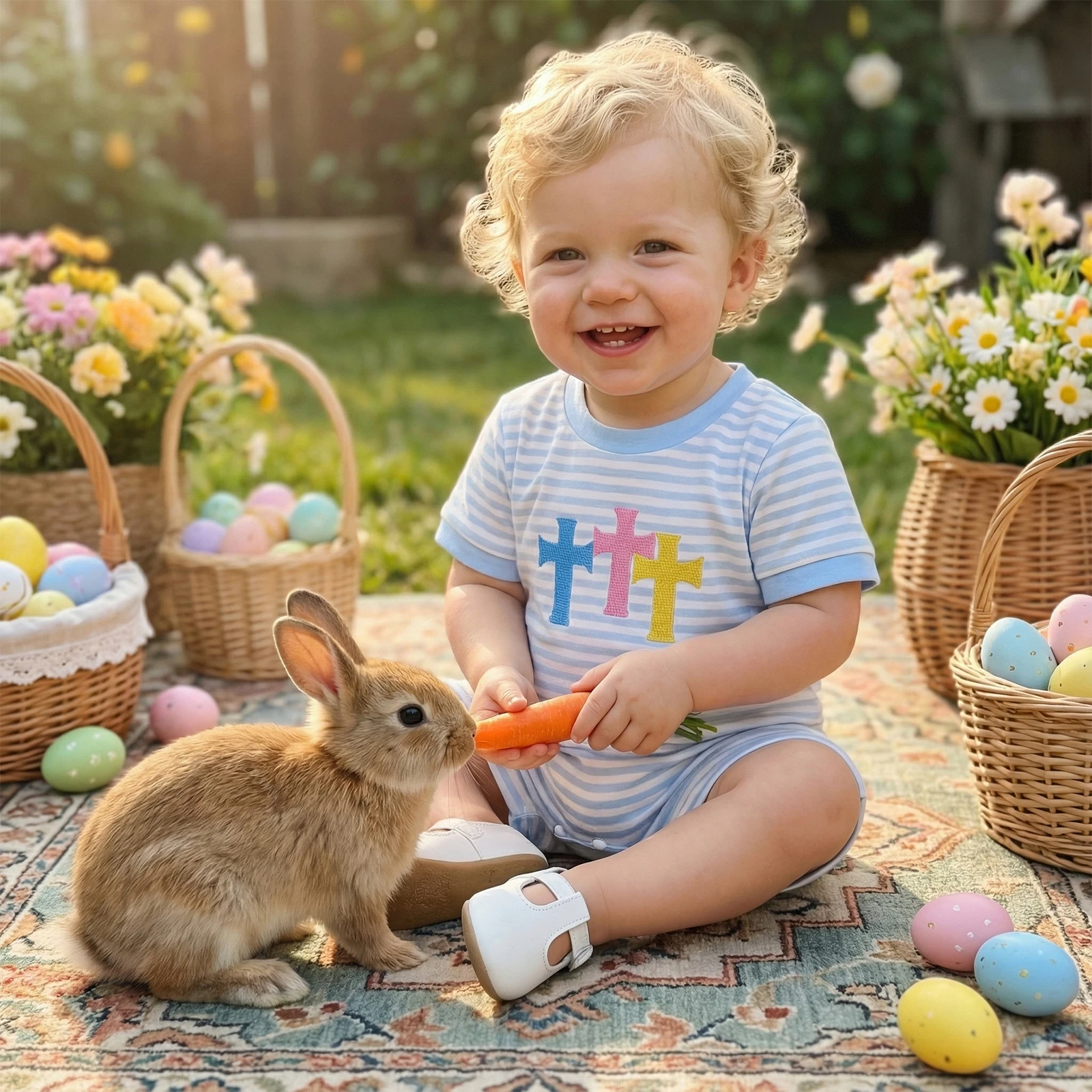 

Baby Boy Girl Easter Romper Striped Cross Embroidered Short Sleeve Jumpsuit Casual Summer Spring Clothes