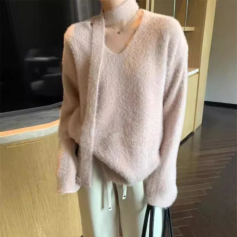 

BKLD 2025 Soft Faux Mink Fur Sweaters Fashion Leisure Women's Solid Color V-neck Long Sleeve Loose Fit Pullover Tops Match Scarf