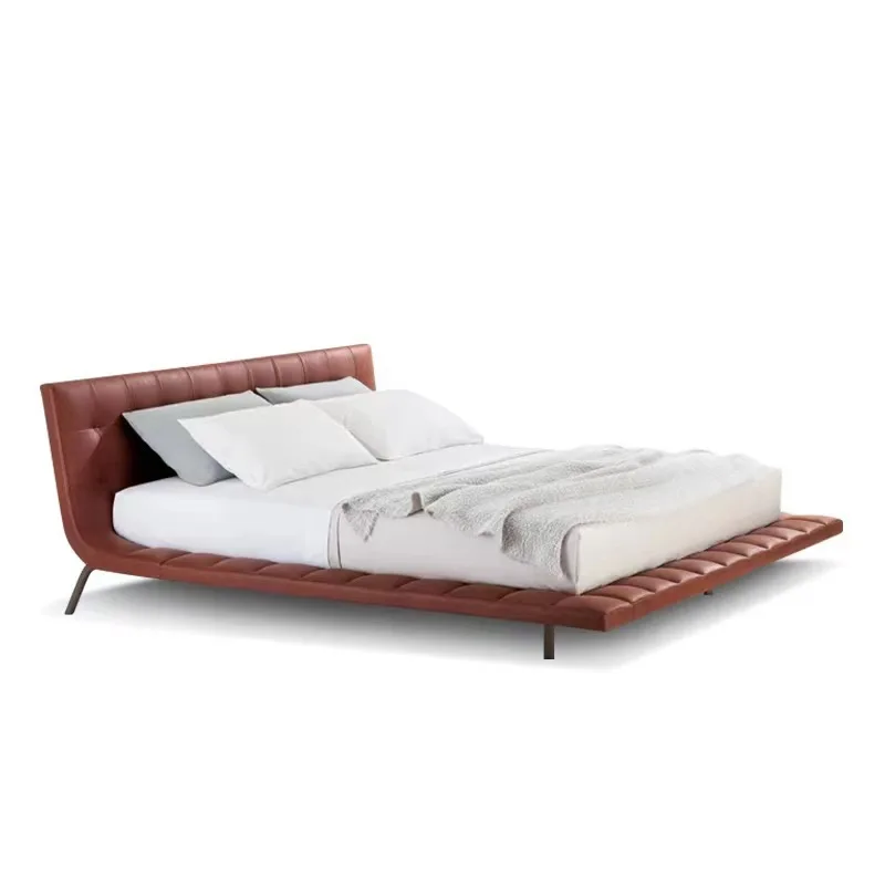 

Italian minimalist modern double leather bed, premium master bedroom leather bed