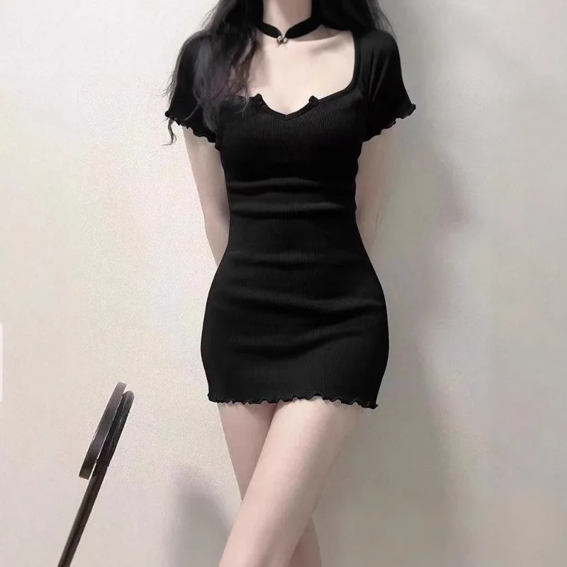 Slim Hip-บรรจุชุดสตรี V คอเซ็กซี่สาวร้อนสไตล์ไม้หูเสื้อยืดชุด A-Line รอบเอวสูงสบายๆชุดมินิฤดูร้อน