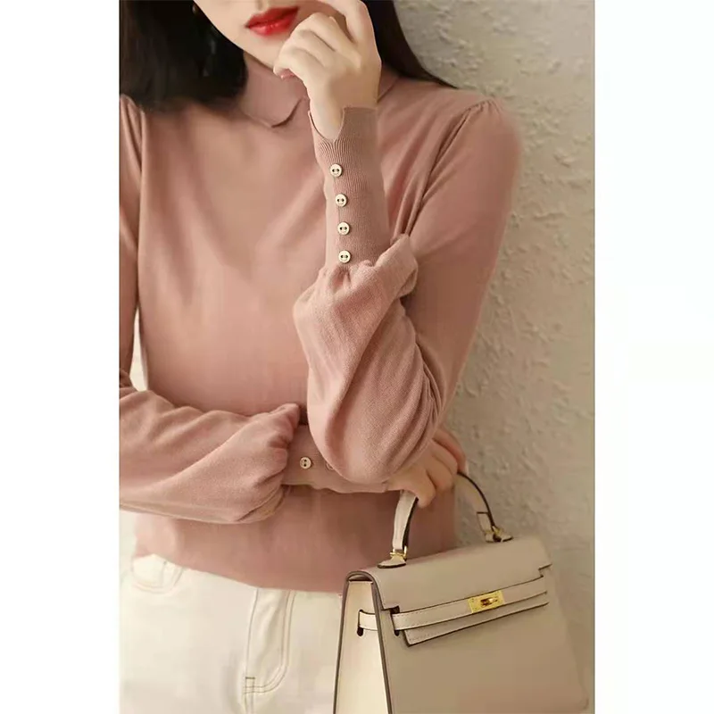 Women Clothing Exquisite Button Puff Sleeve Sweater Autumn Winter Office Lady Elegant Solid Tops Loose Simplicity Knitwear