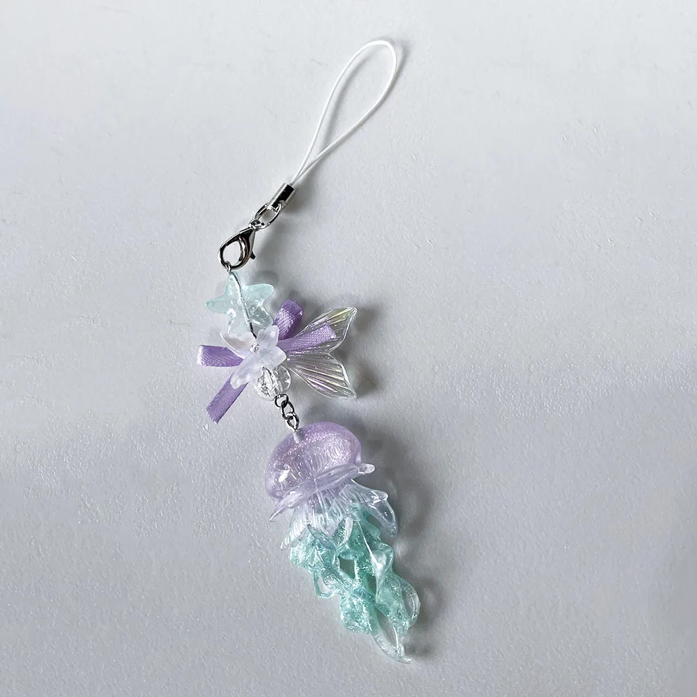Purple Cyan Jellyfish Phone Chain Charm Fairycore Starfish Mermaid Fishtail Bow Bead Keychain Strap Car Key Camera Decor Gift