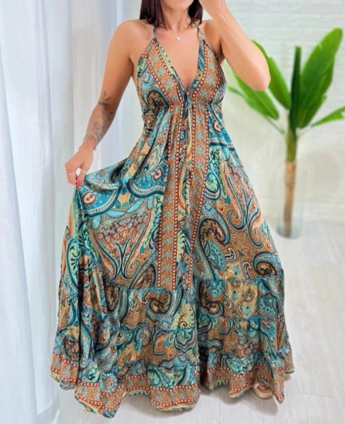 Elegant party dress women's V-neck halter strap dress high waiste A-line dress Bohemian print sexy backless casual long dresses