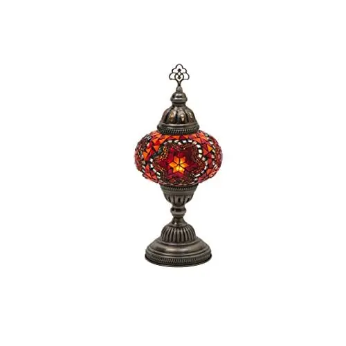 LaModaHome English Moroccan Handmade Mosaic Glass Table Lamp Light with Decorative Dark Copper Fixture for Bedroom, Livingroom a