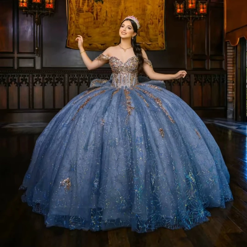 

Темно-синие платья Quinceanera с открытыми плечами и блестками, аппликация, кружево, бисер, кристалл, бант, тюль, вечерние, день рождения, милое платье 16, Vesti