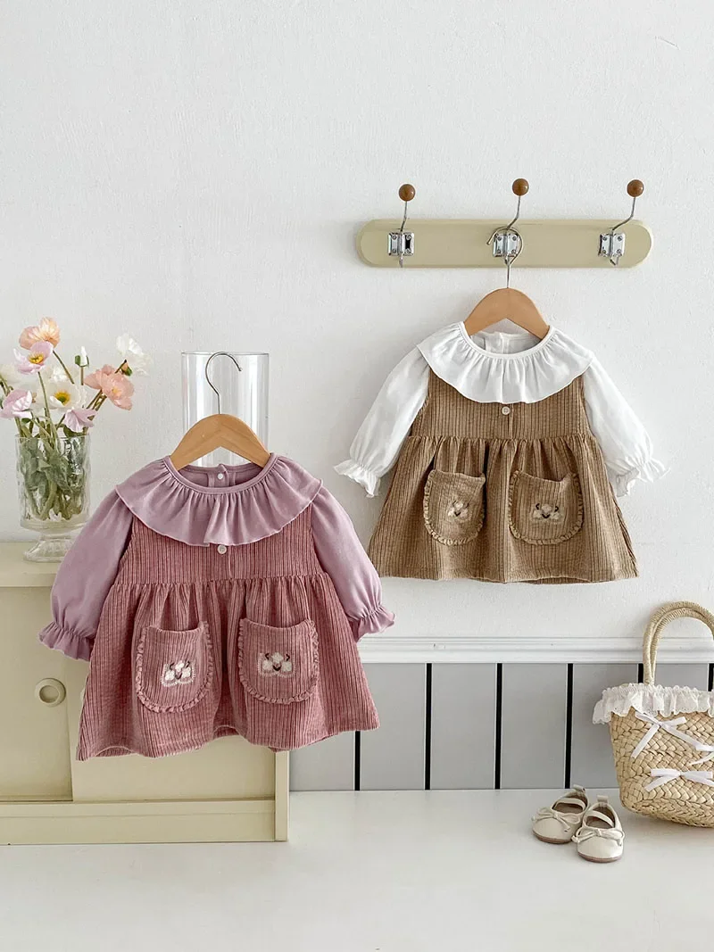 MILANCEL New Spring Girls Dress 9M-4T Baby Cute Corduroy Suspender Skirt Kids Solid Color Bottoming Shirt