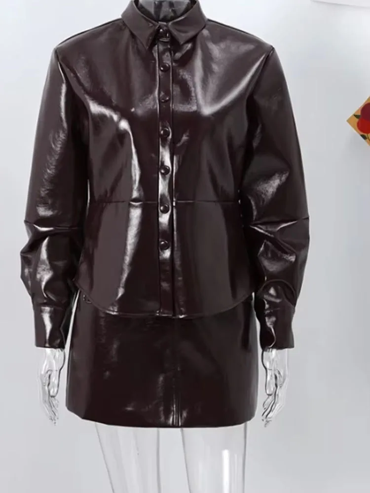 Elegant Women Faux Leather Lapel Single Breasted Casual Loose Jacket Coat+High Waist Party Mini Skirts 2 Piece Set Mujer