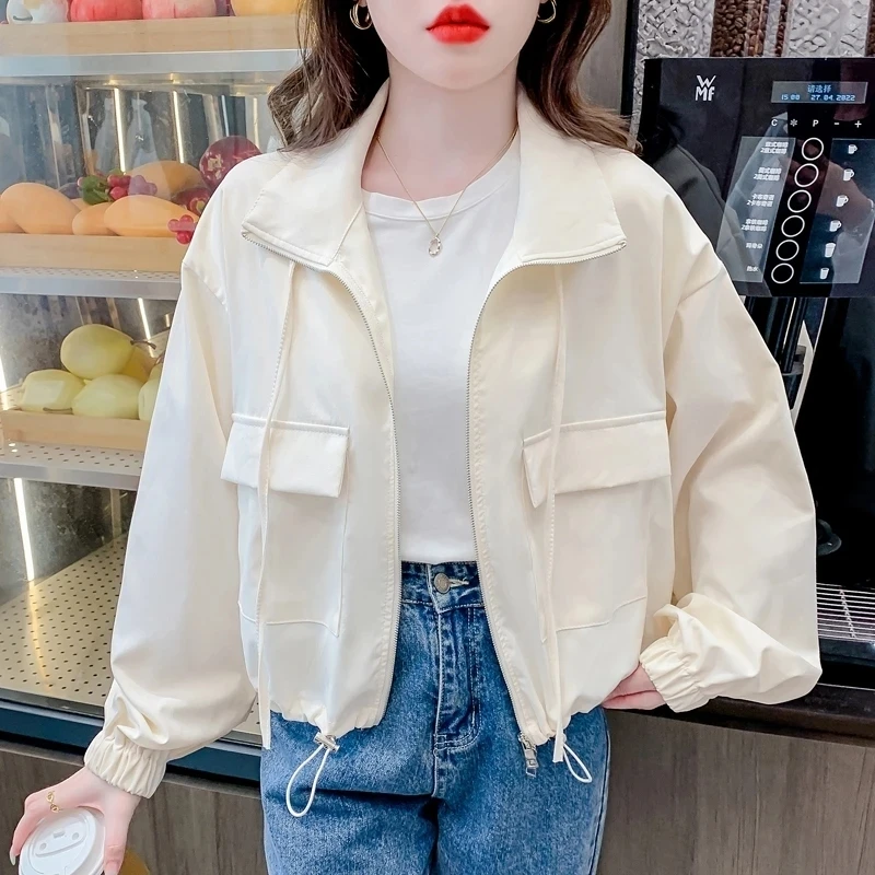 

Short Jackets 2025 New Spring Autumn Women's Tooling Jacket Pockets Turndown Collar Zipper Long Sleeve Drawstring Casual Tops