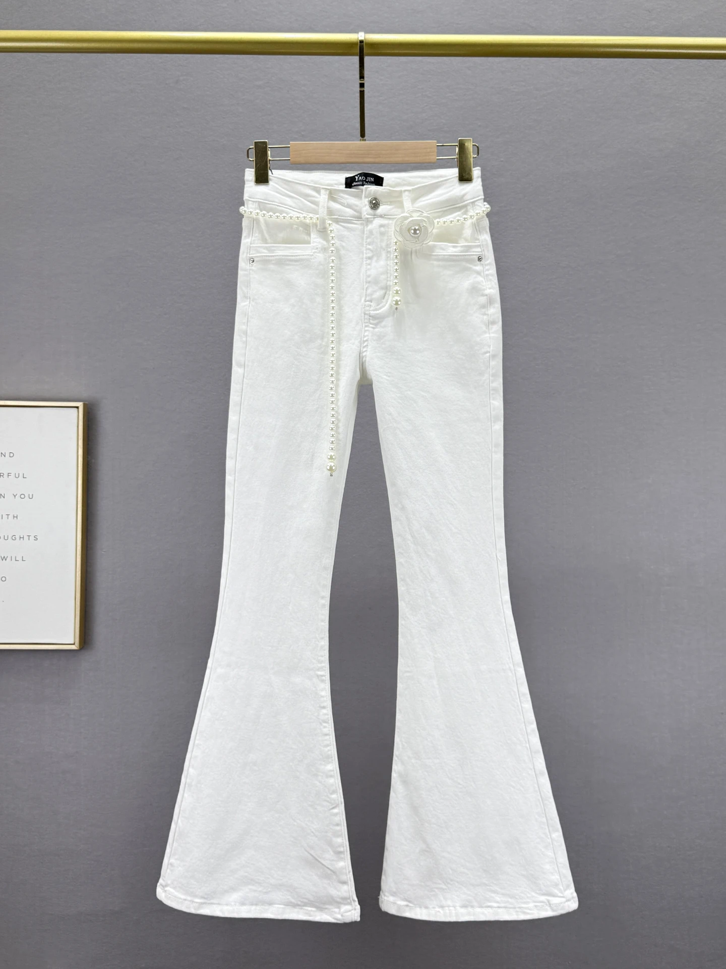 

Женские длинные брюки с высокой талией, облегающие, из искусственного бархата, джинсовые, белые, расклешенные, в гонконгском стиле, из эластичного хлопкового денима