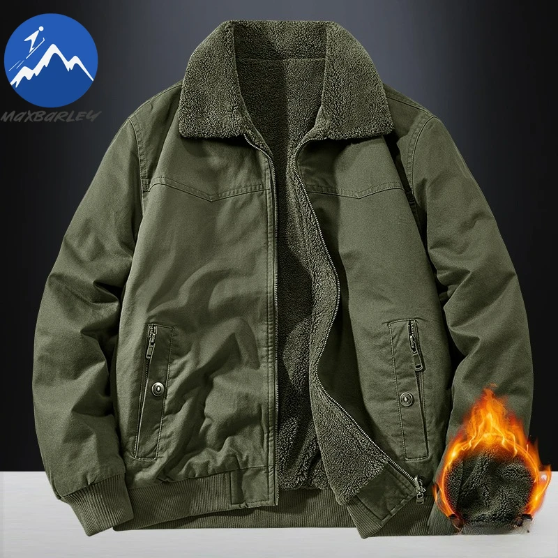 Maxbarley-Chaqueta de lana de cordero para hombre, chaqueta cálida gruesa con solapa para viajes al aire libre, cortavientos ligero de estilo americano Premium