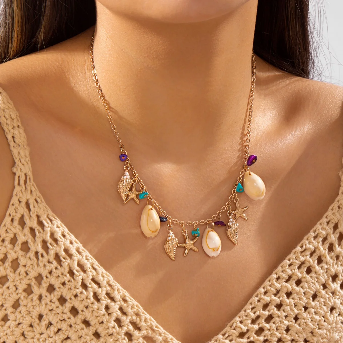 Boho-Halskette mit Muschel-, Seestern- und Schalenanhänger aus zerstoßenen Steinen für Damen und Herren, Ozean-, Strand-, Sommerurlaubsschmuck – Detail 12