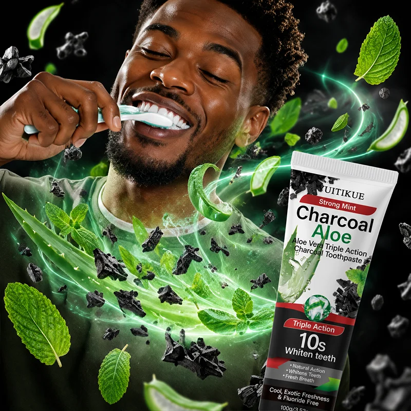 Charcoal Aloe Refreshing Toothpaste 100g YUITIKUE Fluoride Free Surface Stain Removal Long Lasting Mint Breath Oral Care Paste