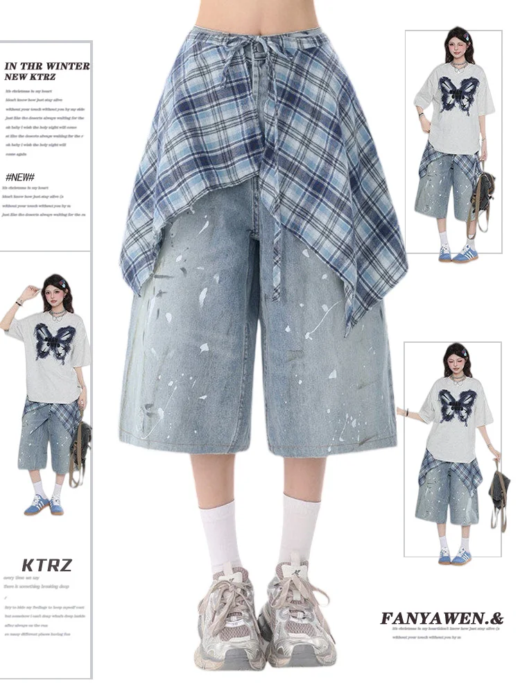 

American Color Block Plaid Skirt Design Denim Shorts Women Summer New plus Size Slimming Street Splashed Ink Seven-Foot Pants
