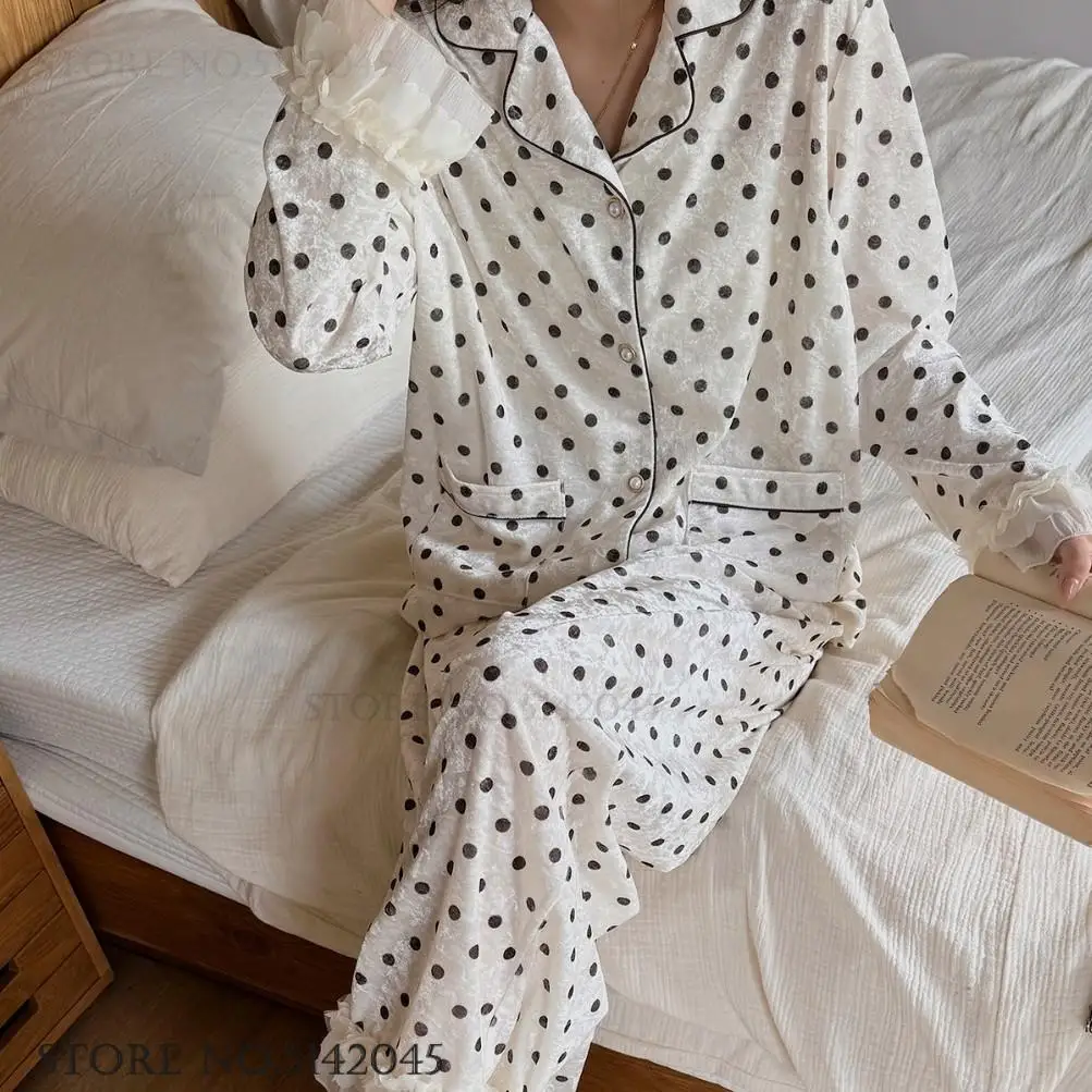 

Осень-зима, новая женская одежда для сна, пижамный комплект из 2 предметов, кружевная ночная рубашка в горошек с милым принтом, пижамный костюм, свободная повседневная домашняя одежда, домашняя одежда