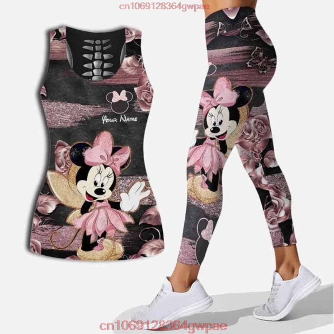 Free Custom Name Mickey Women\'s Hollow Vest Women\'s Leggings Yoga Suit Fitness Leggings Sports Suit Disney Tank Top Legging Set