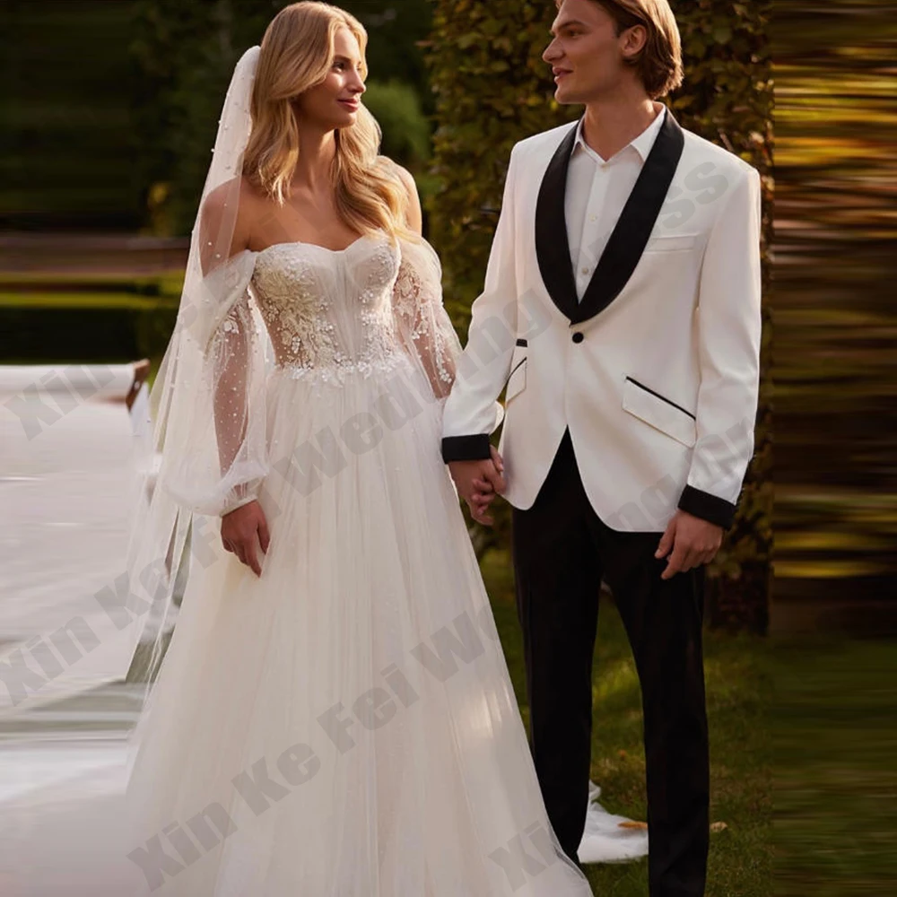 Gorgeous Women's Bridal Gown Tulle Shoulder Card Bead Embroidery Lace Flower Princess Prom Wedding Dress Customized robe de mari
