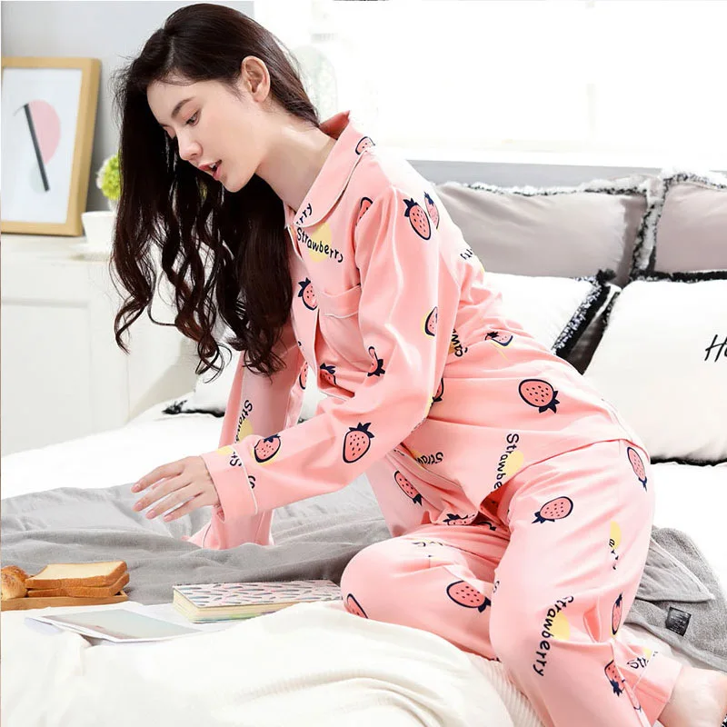 

Soft Strawberry Print Pajama Set Long-Sleeve Lapel Top With Pockets And Long Pants Breathabel Sweet Style Fit Women's Homewear