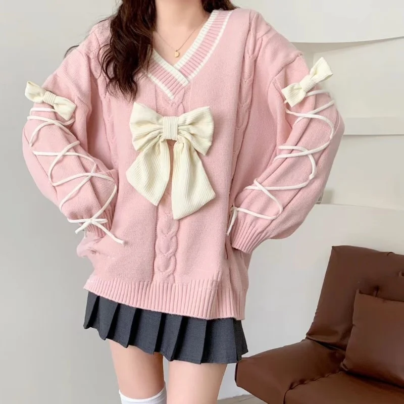 Bowknot Y2k Sweater New Lace Up Oversize Cute Sweet Vneck Loose Knit Sweater Fashion Colour Matching Playful Lazy Style Knitwear