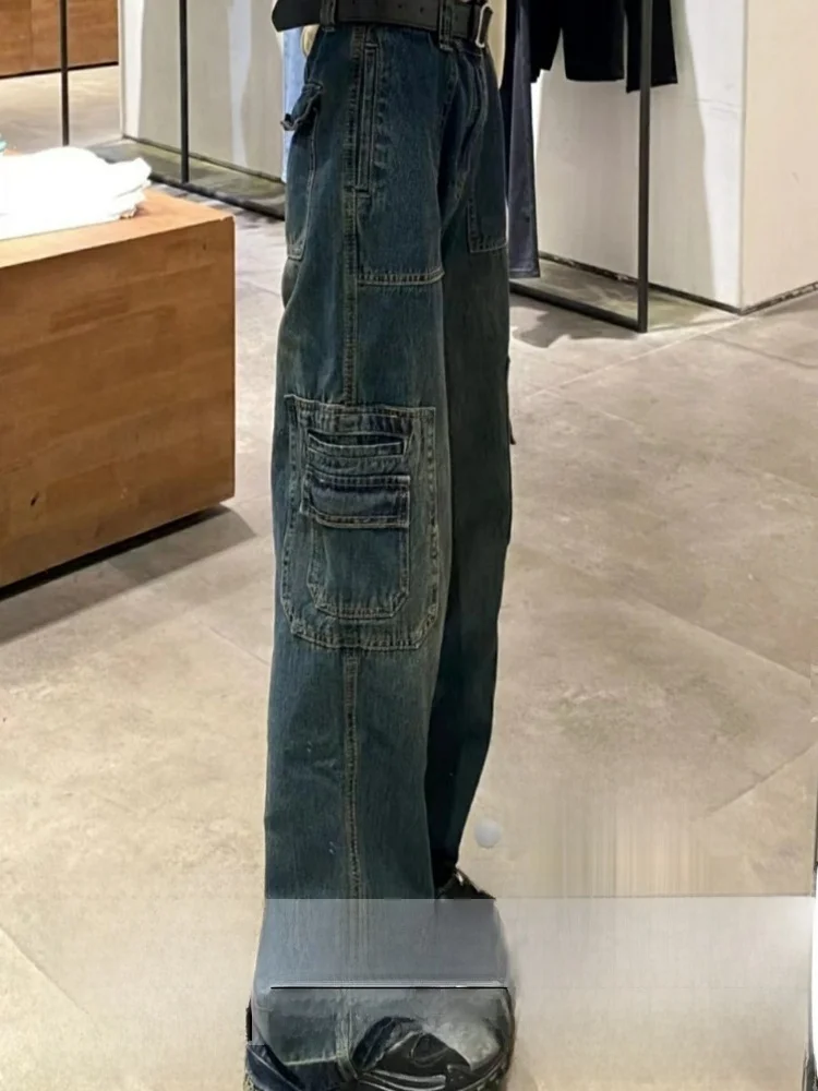 

High Waist Loose Fit Denim Jeans Women's Summer Straight Leg Pocket Detail Workwear Trousers Vintage Washed plus Size