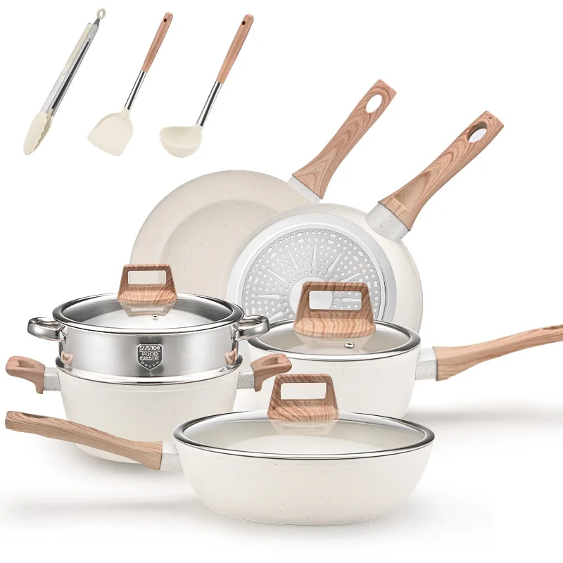 Wholesale 12 Pieces Metal Aluminum Kitchen Cooking Pan Pot Set Non Stick Cookware Sets With Wood Handle