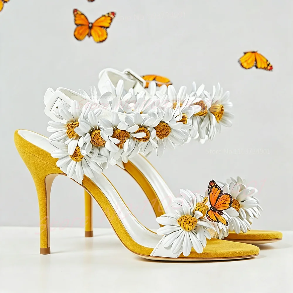 Yellow Daisy Suede Heeled Sandals Women Flowers Ankle Strap Color-blocking Round Toe Shoes Lady Casual Spring Elegant Sandals